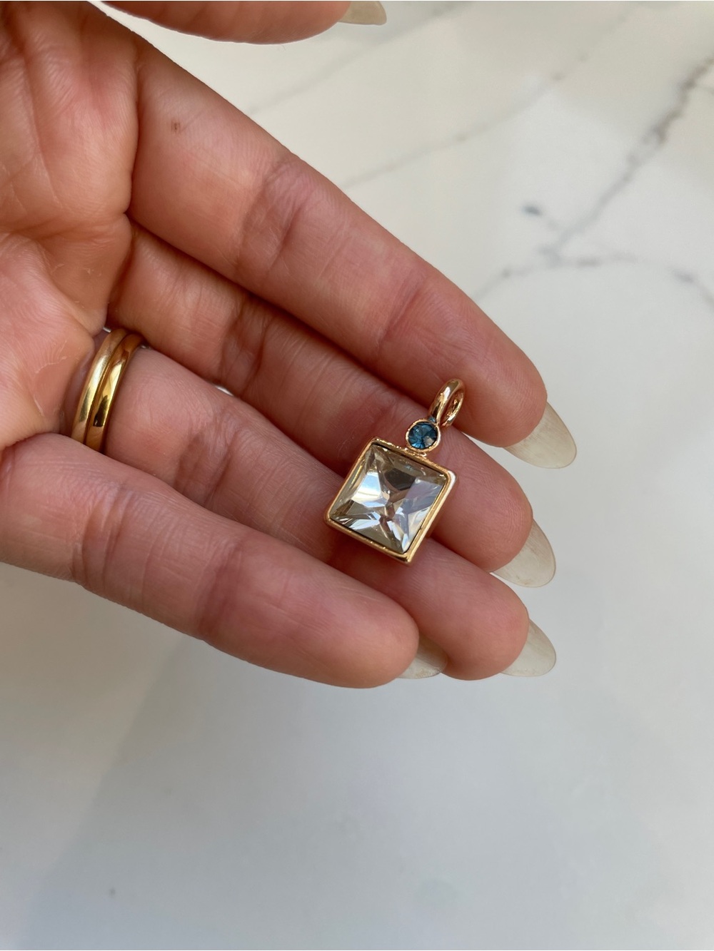 Vintage-Style Pale Green & Blue Glass Resin Square Pendant, Gold Plated